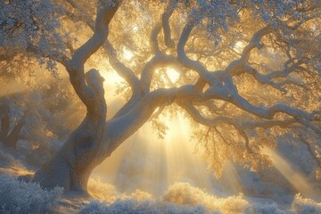 Naklejka premium Majestic Oak Tree Bathed In Golden Sunrise Light