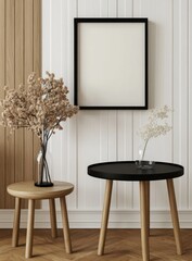 Modern Minimalist Interior with Empty Black Frame, Round Table, and Flower Vases
