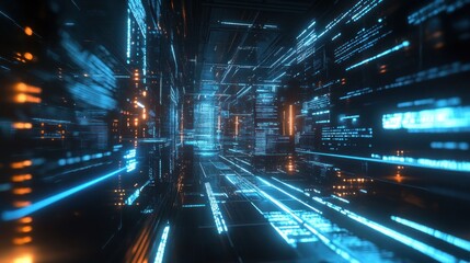 A digital futuristic timeline of 2025, glowing blue lines interconnecting floating glowing dots, cyber grid background, holographic text overlays 