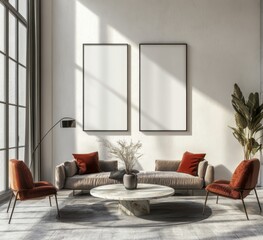 Warm Cozy Living Room with Two Blank Poster Frames, Marble Coffee Table, and Natural Light