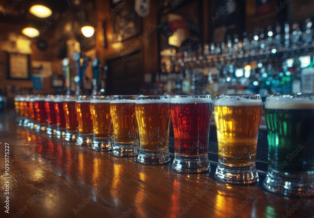 Poster a colorful array of craft beers in glasses lined up on a bar counter, showcasing different hues and 