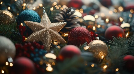 Extreme close-up of a Christmas background with lights and decorations