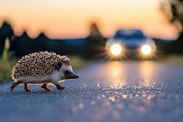 Hedgehog crossing road at dusk as car approaches