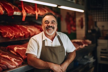 Fototapeta premium Portrait of a middle aged female butcher in a butcher shop