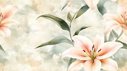 Watercolor seamless design featuring pastel lilies, delicate pink and cream petals, soft green foliage, airy and flowing composition, intricate hand-painted details, elegant and light,
