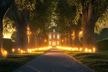 Illuminated Pathway Leading To A Grand Mansion At Night