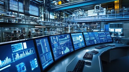 Fototapeta premium A high-tech control room with multiple screens displaying data and analytics.