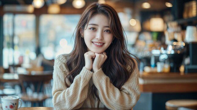 The image is a close-up of a woman with a warm smile, sitting at a table in a restaurant.