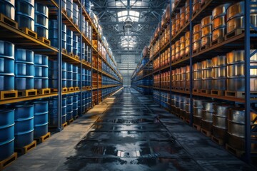 Fototapeta premium Oil barrels stored in a warehouse