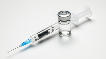 A syringe next to a vial of liquid, typically used for vaccinations or medical procedures.