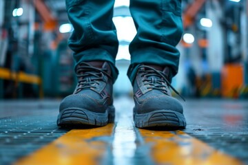 Close up of safety workers shoes in factory