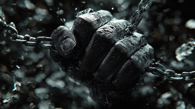 Chains bound the hand in a dark display of strength.