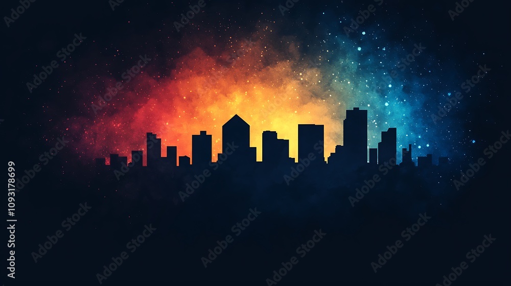 Poster abstract urban skyline merging with cosmic background in a vivid color palette representing the beau