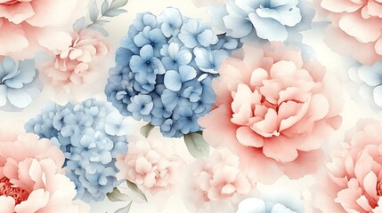 Fototapeta premium Watercolor seamless design of pastel peonies and hydrangeas, light shades of blush pink and baby blue, delicate petals, flowing brush strokes, airy and elegant composition, hand-drawn style,