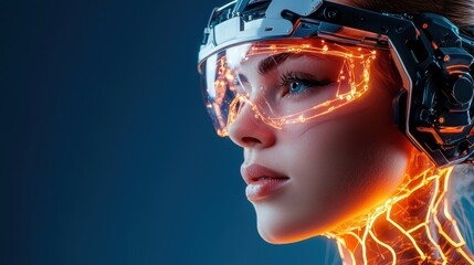 A futuristic portrait of a woman with cybernetic enhancements, glowing circuitry, and high-tech goggles, embodying a blend of technology and humanity.