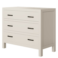 A white dresser with three drawers and black handles