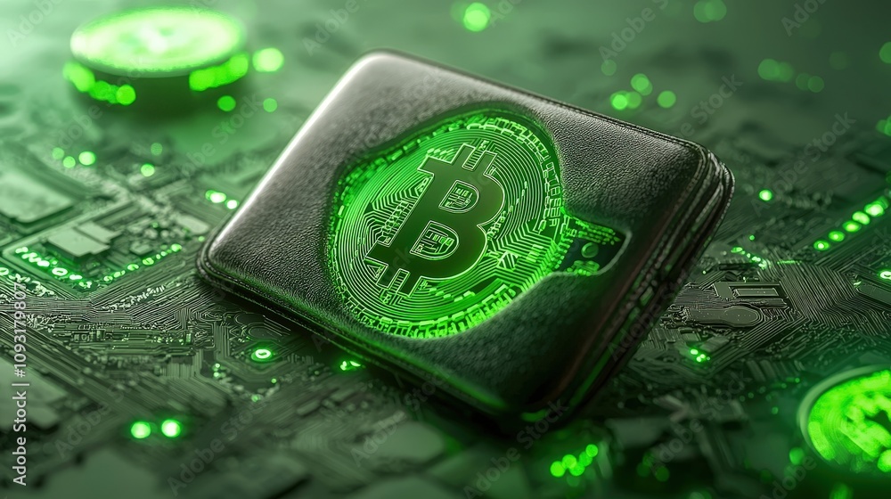 Poster a digital wallet for bitcoin showcasing a glowing crypto symbol on a circuit board background.