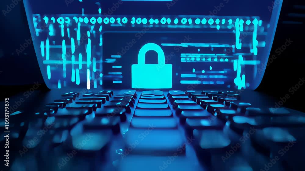 Poster close-up of a keyboard in blue neon light, with a digital lock symbolizing cybersecurity and data pr