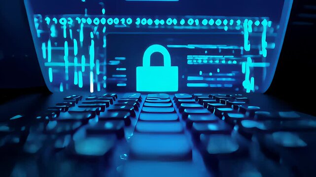 Close-up of a keyboard in blue neon light, with a digital lock symbolizing cybersecurity and data protection.