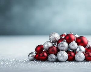 Red and silver baubles arranged on a frosty surface, modern festive design, 3D illustration