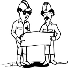 illustrations de personnages en situation professionnelle, métiers du batiment, lignes et traits en noir et blanc, pour utilisations diverses