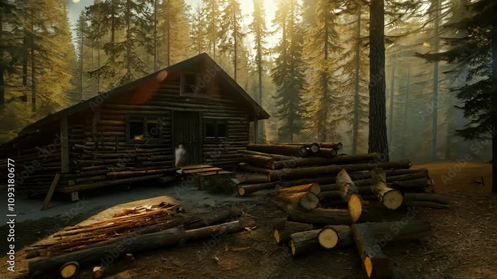 Poster explore a rustic cabin deep in the serene forest surrounded by towering trees and a peaceful atmosph