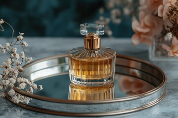 Elegant Perfume Bottle on Decorative Tray with Flowers