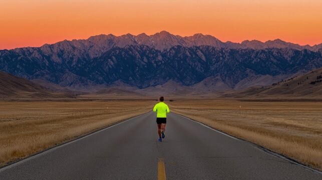 Runner in reflective gear on evening road, pushing through final miles of long-distance run - Powered by Adobe