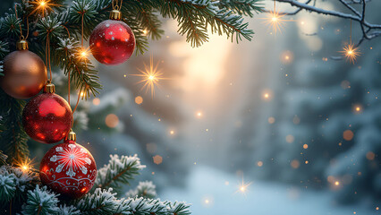 Christmas tree ornaments in winter forest. Concept of Christmas, winter holidays, and festive season.