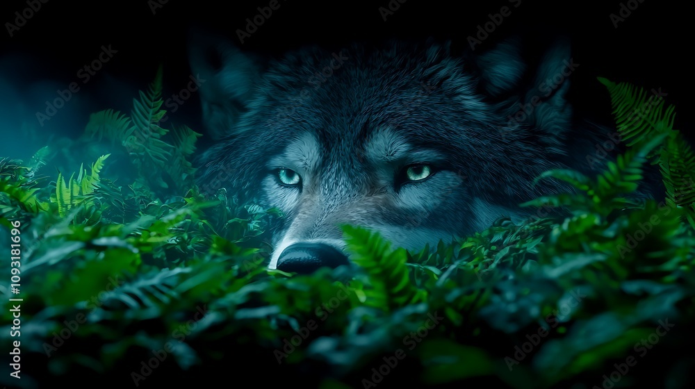 Poster Close-Up of a Wolf's Face Merging with Lush Green Ferns in a Mystical Forest Setting Captured in Enchanting Details and Atmospheric Light