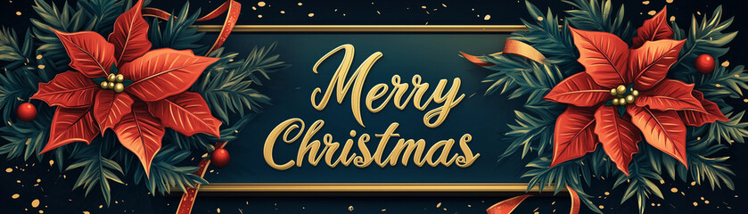 Large Merry Christmas envelope with gold lettering, decorated with poinsettias, holly, and ribbons