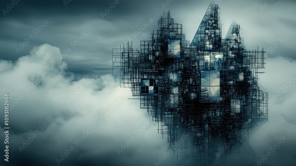 Poster Exploring abstract reflections of the benben pyramid in a glass standard a conceptual art perspective in a surreal environment