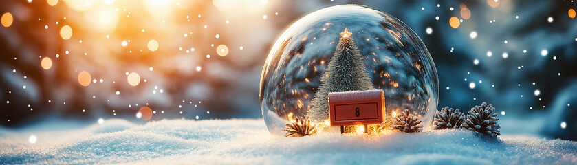 Magical, transparent snow globe containing a tiny red mailbox surrounded by snow and tiny Christmas letters, with a light up tree inside the globe