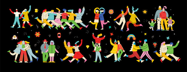 Groovy hippie love best friends characters. Comic happy girls, best friends in trendy retro 60s 70s cartoon style. Vintage isolated vector illustration.