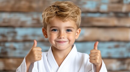 Confident young boy in karate uniform gives thumbs up, a portrait of success, motivation, and achievement in martial arts
