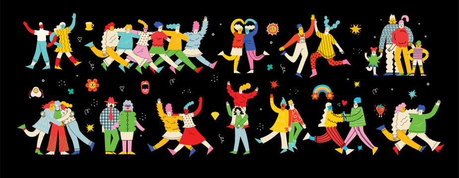 Groovy hippie love best friends characters. Comic happy girls, best friends in trendy retro 60s 70s cartoon style. Vintage isolated vector illustration.