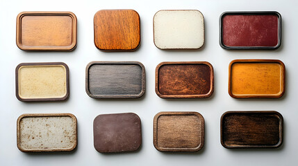 Fototapeta premium Photo - Wooden Coasters on White Background Variety of Colors and Textures