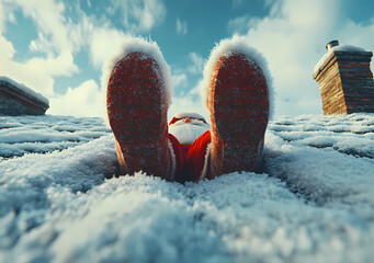 Close-up of Santa's snowy boots as he lays back on a frosted rooftop under a clear blue sky, with a chimney visible, suggesting Christmas eve.