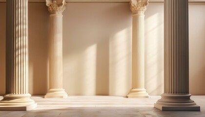 Minimalist architectural backdrop with Roman-style columns and warm natural lighting, ideal for sophisticated interior themes.