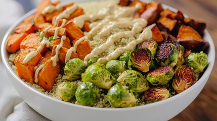 Healthy quinoa bowl with roasted sweet potatoes and brussels sprouts kitchen food photography bright plant-based nutrition