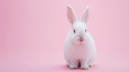 Obraz premium White rabbit pick up on a light pink background