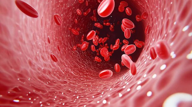 Red Blood Cells Flowing Inside Blood Vessel. Close-Up View of Circulatory System and Human Anatomy.