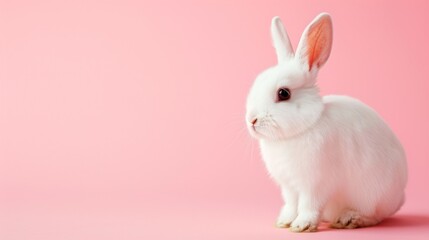 Obraz premium White rabbit pick up on a light pink background