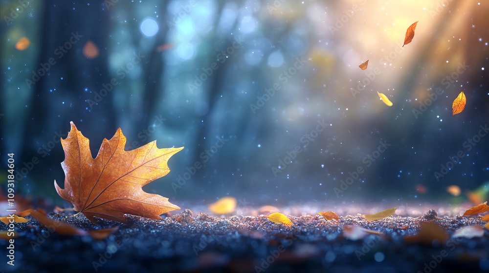 Poster autumn leaves falling on forest floor with soft light, creating a magical atmosphere of calm and ser