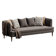 A gray couch with a blanket draped over it