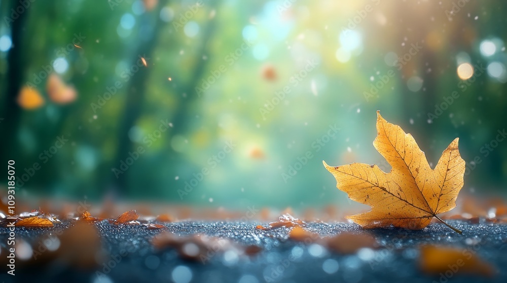 Poster serene autumn scene with golden maple leaf resting on the ground surrounded by vibrant fall foliage 