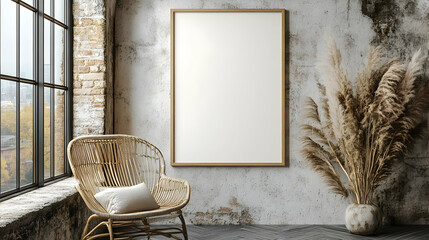 3D Illustration Loft Interior Design with Pampas Grass and Rattan Chair