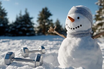 A cheerful snowman flexes with dumbbells beside a backdrop of fresh snow and trees, portraying a unique take on winter fitness and creativity in snowy weather.