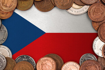 Coins on flag of Czechia . trading investment business currency concep