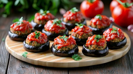 Delicious stuffed eggplants rustic kitchen food photography vibrant colors top view culinary delight